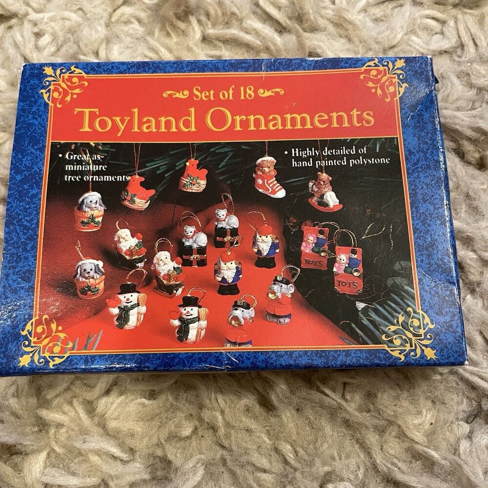 Set Of 18 Mini Toyland Christmas Ornaments Hand Painted Polystone Vintage